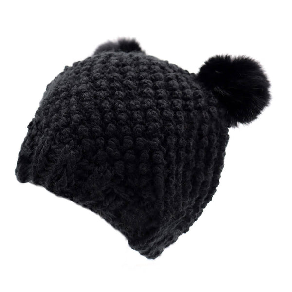 surell Children's Minnie Popcorn Beanie with Rabbit Fur Poms