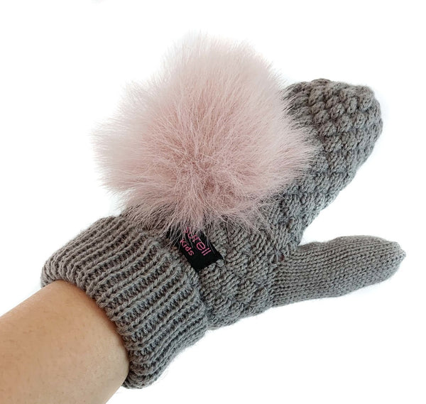 Surell Children's Seed Stitch Mittens With Faux Fox Fur Pom
