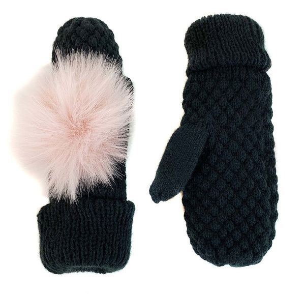 Surell Children's Seed Stitch Mittens With Faux Fox Fur Pom