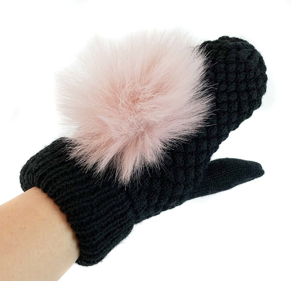 surell Children's Seed Stitch Mittens with Faux Fox Fur Pom