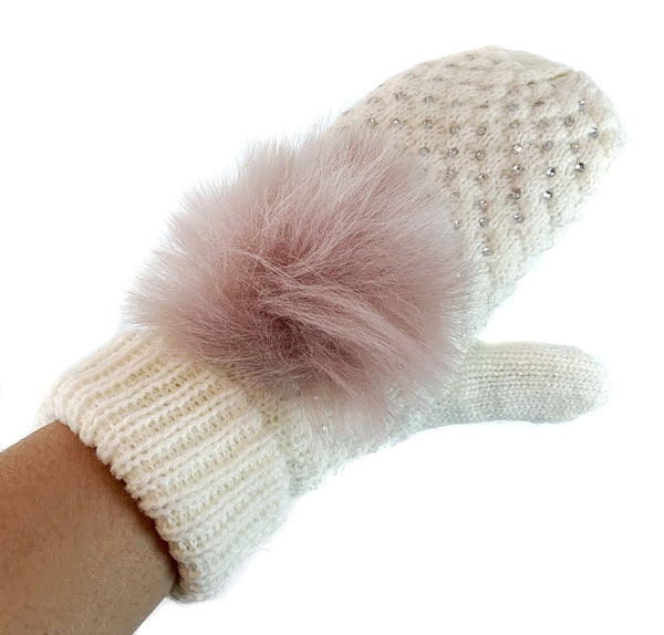Surell Children's Sparkly Mittens With Faux Fur Pom