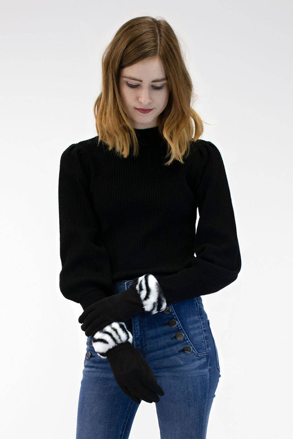 Surell Faux Suede Gloves With Faux Rex Rabbit Fur Zebra Cuff