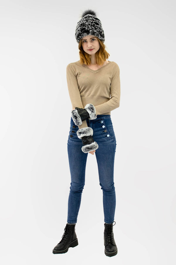 Surell Fingerless Leather Gloves With Rex Rabbit Fur Trim