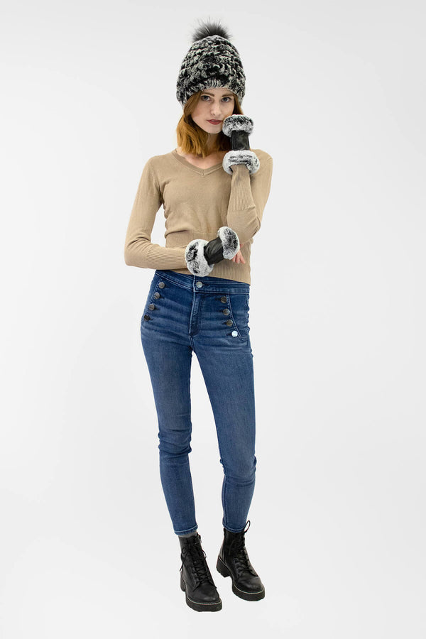 Surell Fingerless Leather Gloves With Rex Rabbit Fur Trim