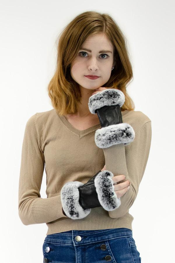 surell Fingerless Leather Gloves with Rex Rabbit Fur Trim