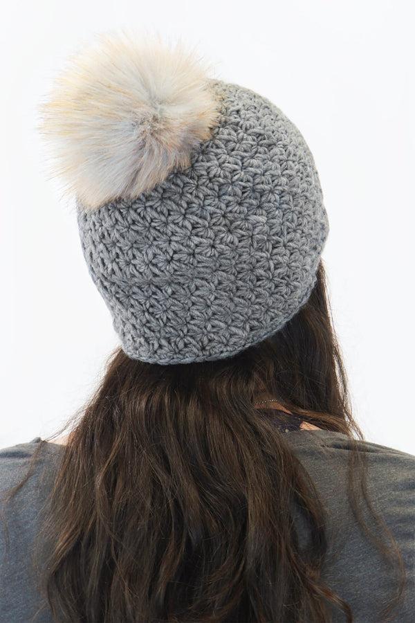 Surell Handmade Star Knit Beanie With Faux Fox Fur Pom