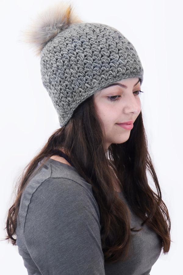 Surell Handmade Star Knit Beanie With Faux Fox Fur Pom