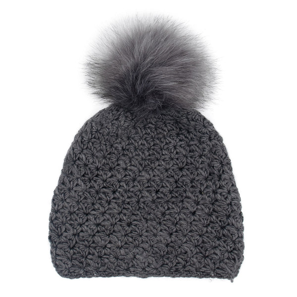 Surell Handmade Star Knit Beanie With Faux Fox Fur Pom