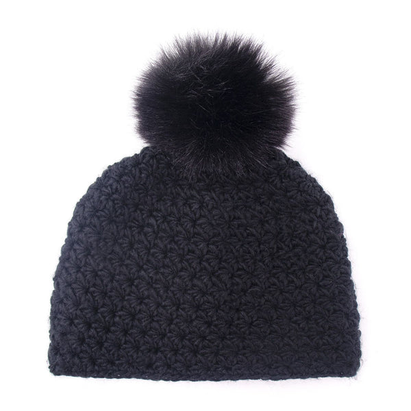 surell Handmade Star Knit Beanie with Faux Fox Fur Pom