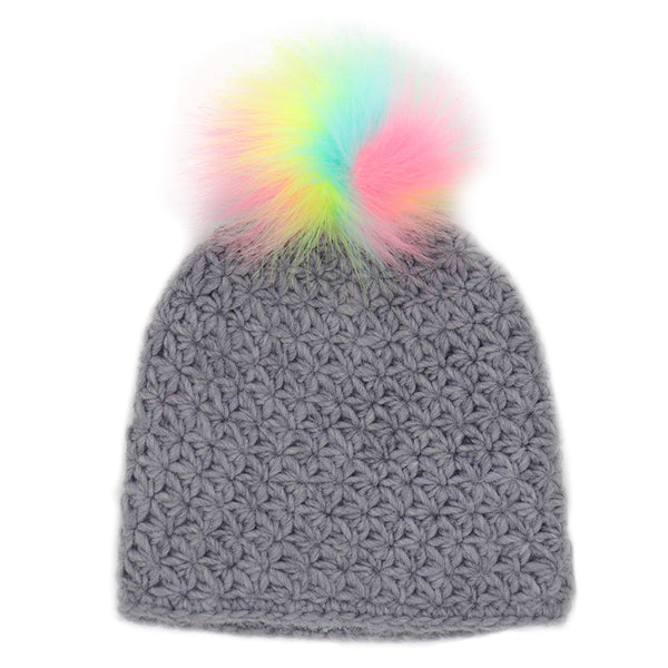 surell Kid's Handmade Knit Hat with Faux Rainbow Pom