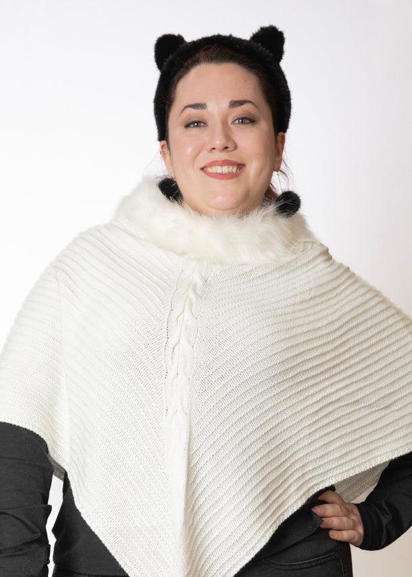 Surell Knit Ruana With Center Braid And Faux Fur Trim