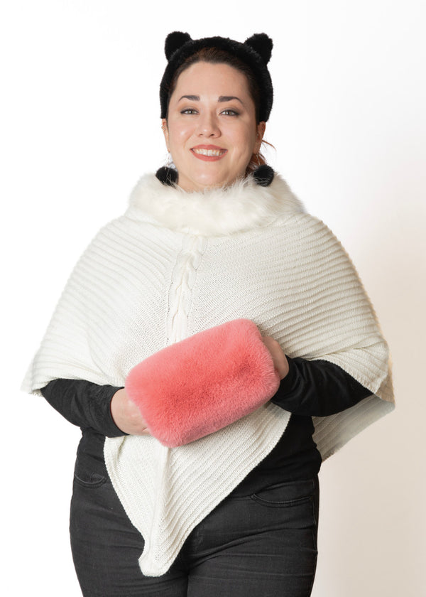 Surell Knit Ruana With Center Braid And Faux Fur Trim