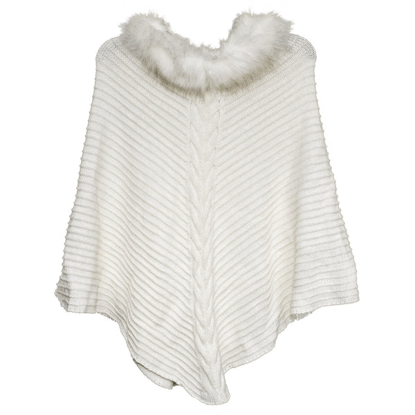 surell Knit Ruana with Center Braid and Faux Fur Trim