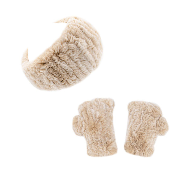 Surell Rex Rabbit Fur Headband/Scarf And Text Mittens Set