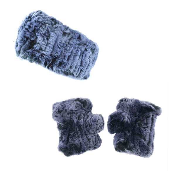 surell Rex Rabbit Fur Headband/Scarf and Text Mittens Set