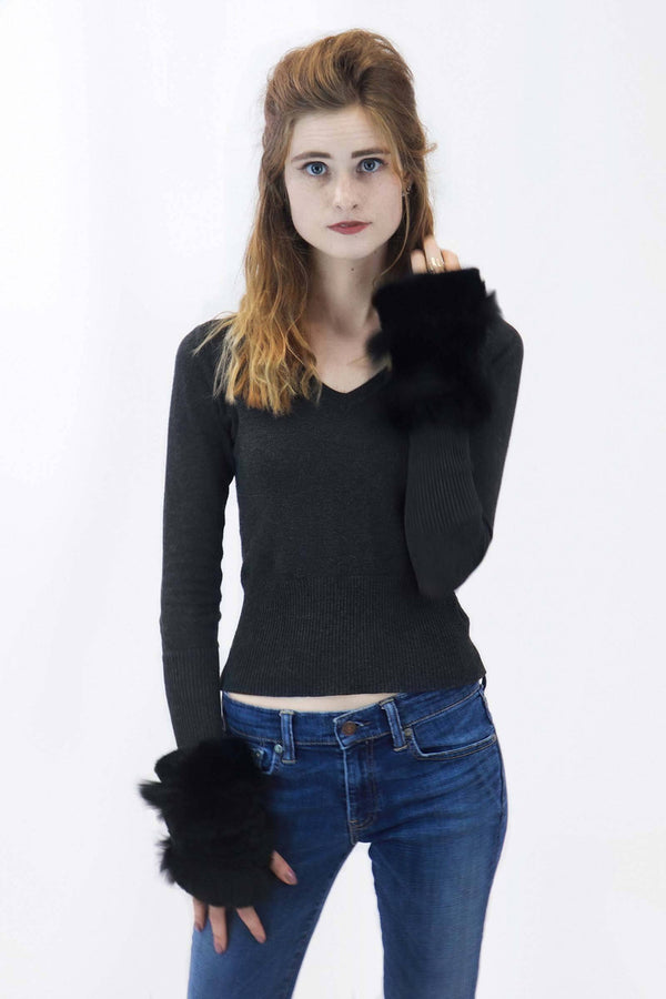 Surell Rex Rabbit Fur Texting Mittens With Fox Fur Trim