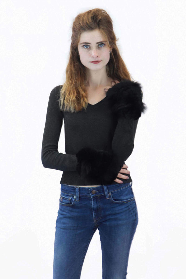 Surell Rex Rabbit Fur Texting Mittens With Fox Fur Trim