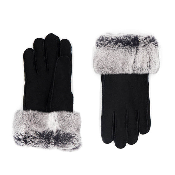 surell Sheepskin Suede Gloves with Rex Rabbit Fur Cuff