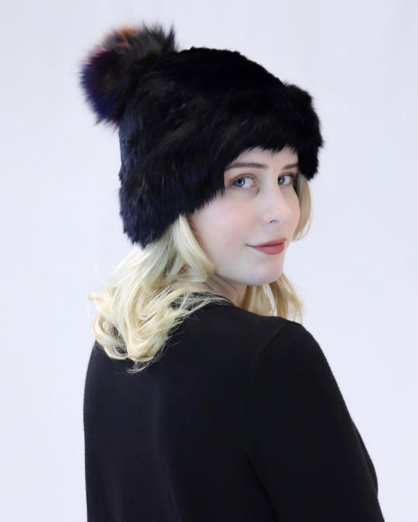 Surell Black Rabbit Fur Beanie With Fox Fur Pom