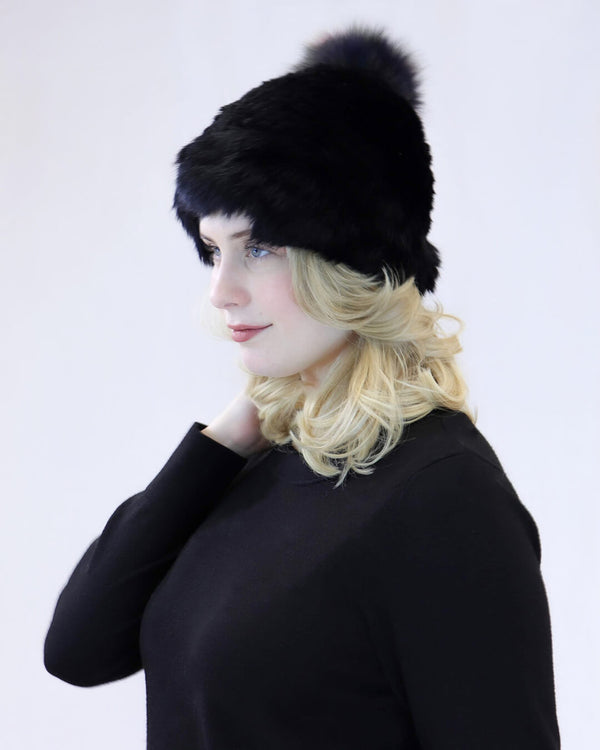 Surell Black Rabbit Fur Beanie With Fox Fur Pom