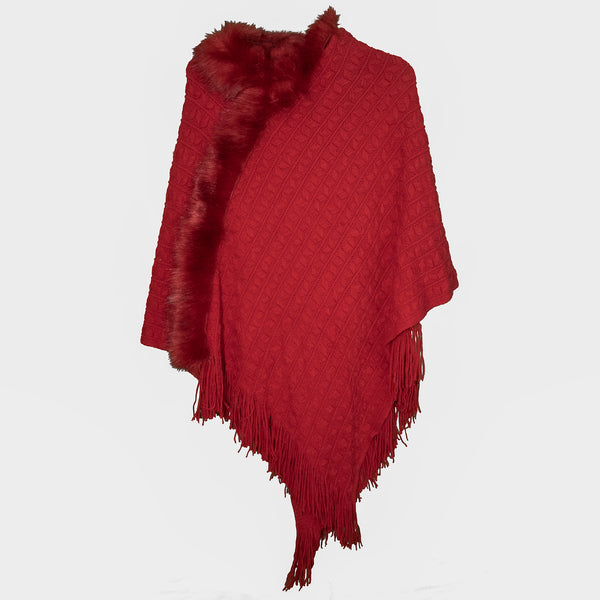 surell Chevron Knit Ruana with Faux Fur Trim