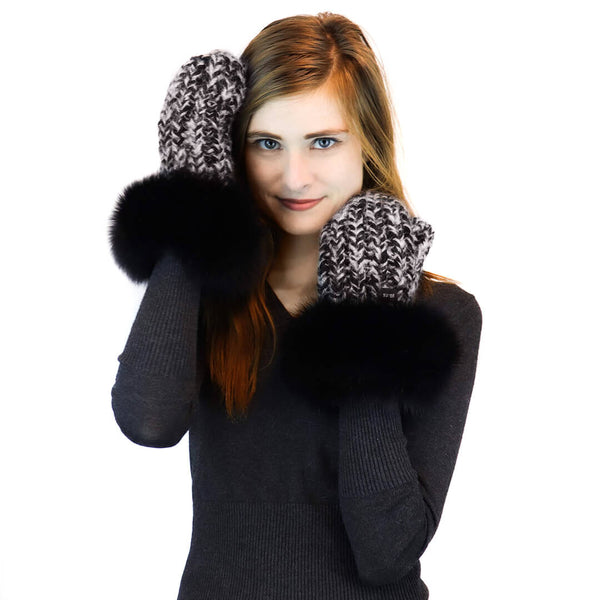 surell Chunky Knit Mittens with Fox Fur Cuff