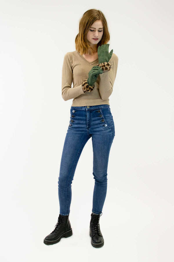 Surell Faux Suede Gloves With Leopard Faux Fur