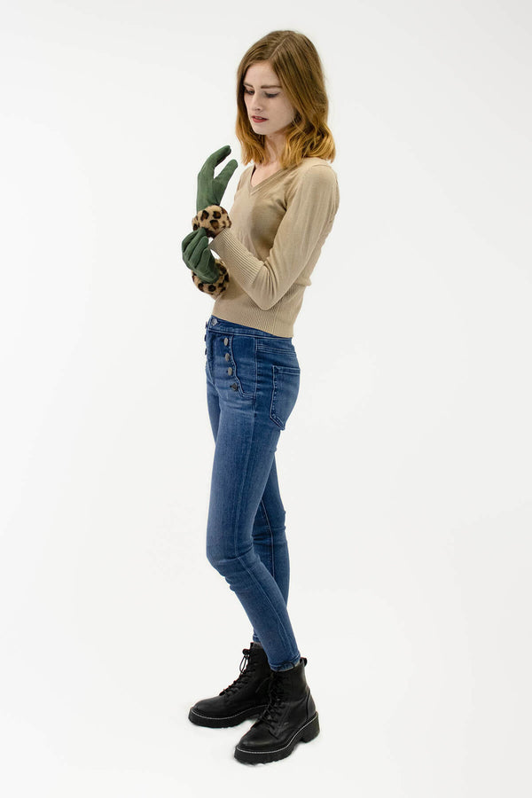 Surell Faux Suede Gloves With Leopard Faux Fur