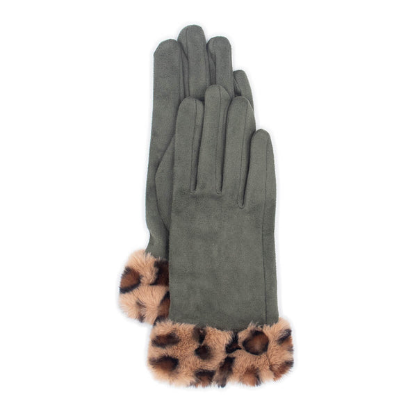 Surell Faux Suede Gloves With Leopard Faux Fur