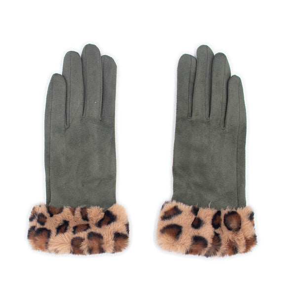 surell Faux Suede Gloves with Leopard Faux Fur