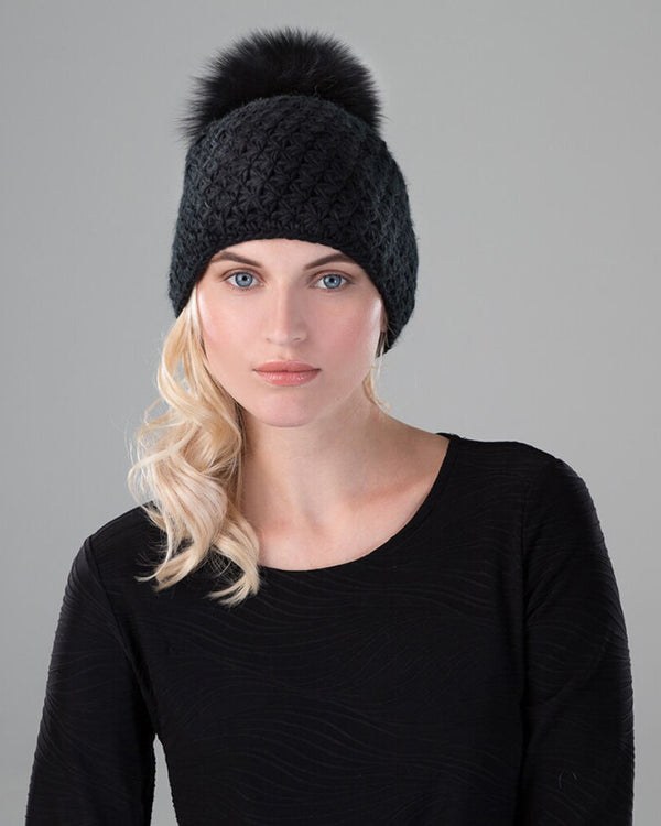 Surell Handmade Star Knit Hat With Fox Pom