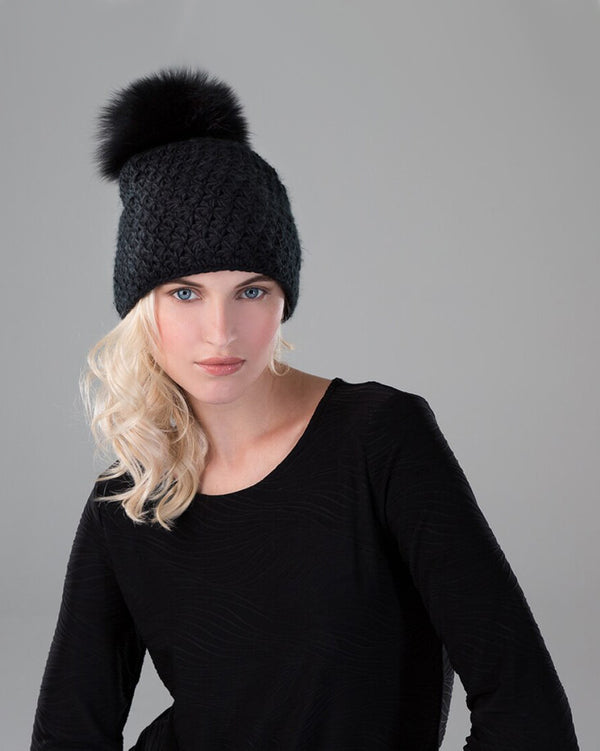 Surell Handmade Star Knit Hat With Fox Pom