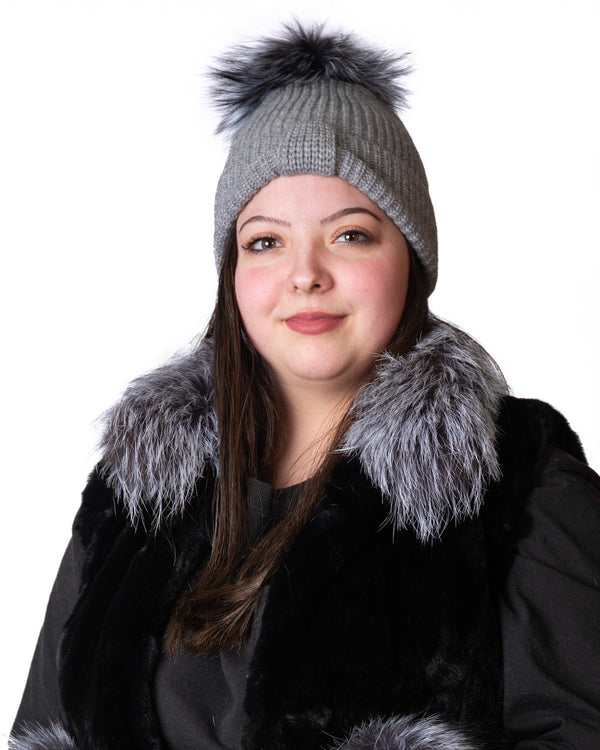 Surell Knit Bow Beanie With Fox Pom