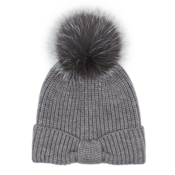 Surell Knit Bow Beanie With Fox Pom