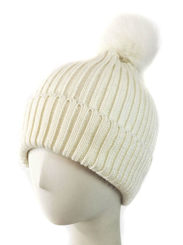 surell Knit Hat with Detachable Fox Fur Pom
