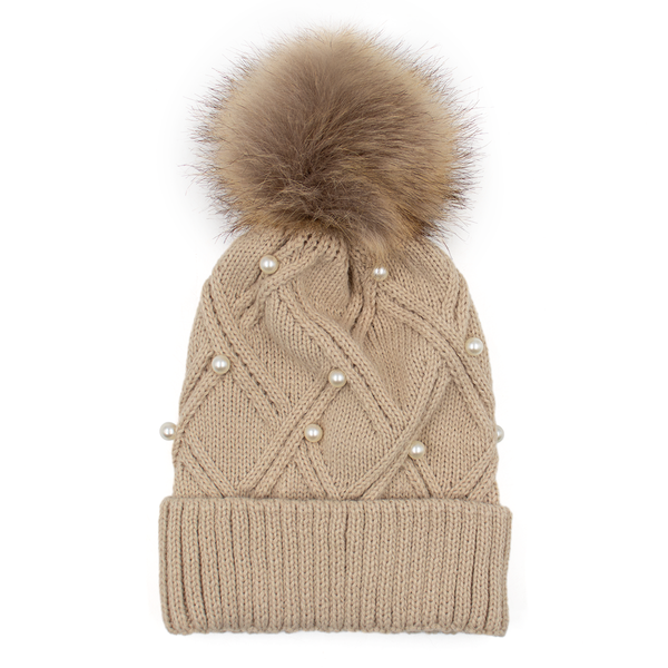 Surell Knit Hat With Faux Fur Pom And Pearl Detail