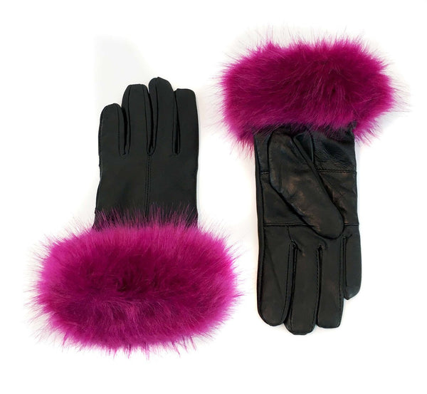 surell Leather Gloves with Faux Fox Fur Cuff