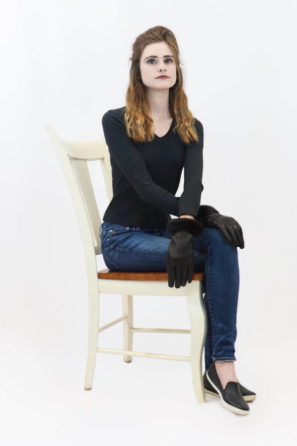 Surell Leather Gloves With Mink Fur Cuff