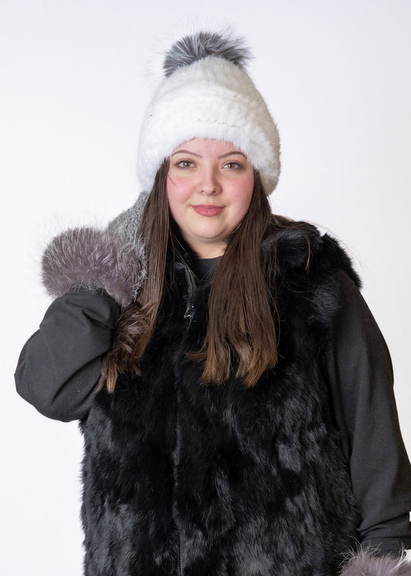 Surell Mink Fur Knit Hat With Fox Pom