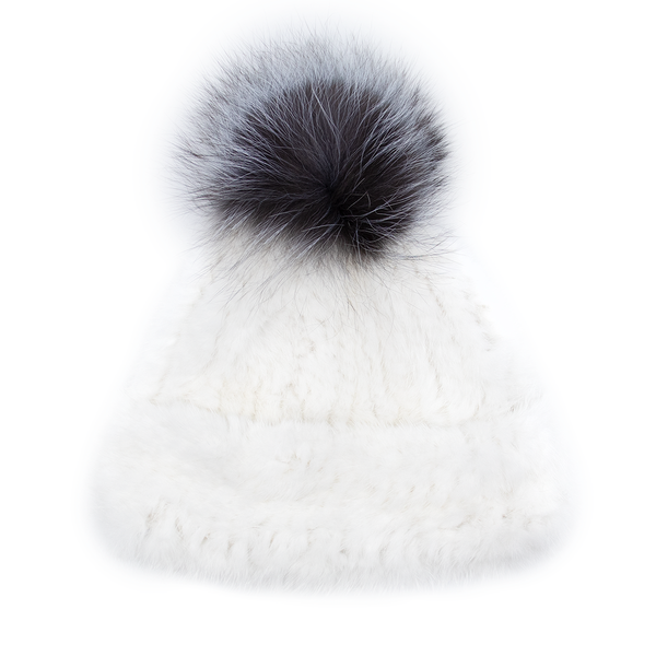 Surell Mink Fur Knit Hat With Fox Pom