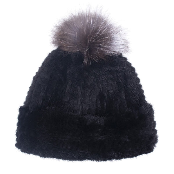 surell Mink Fur Knit Hat with Fox Pom