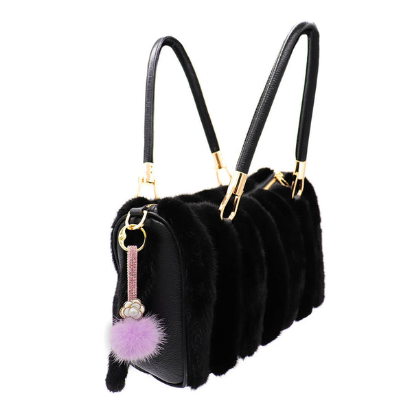 surell Mink Fur Pom Keychain with Bling Strap