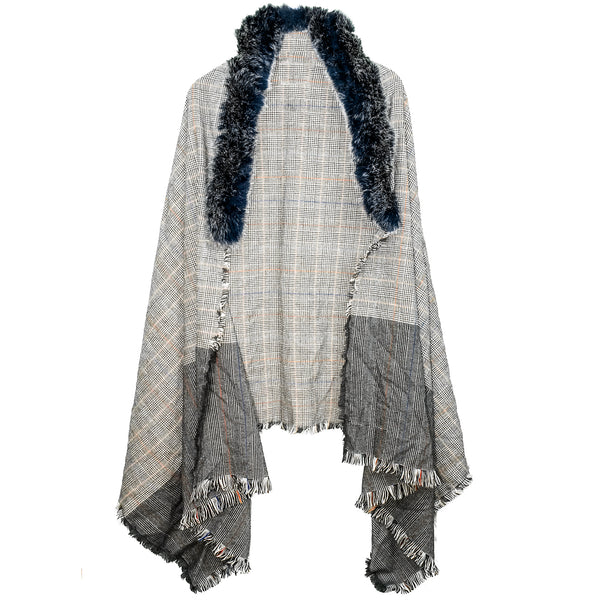 surell Plaid Houndstooth Shawl with Faux Fur Trim