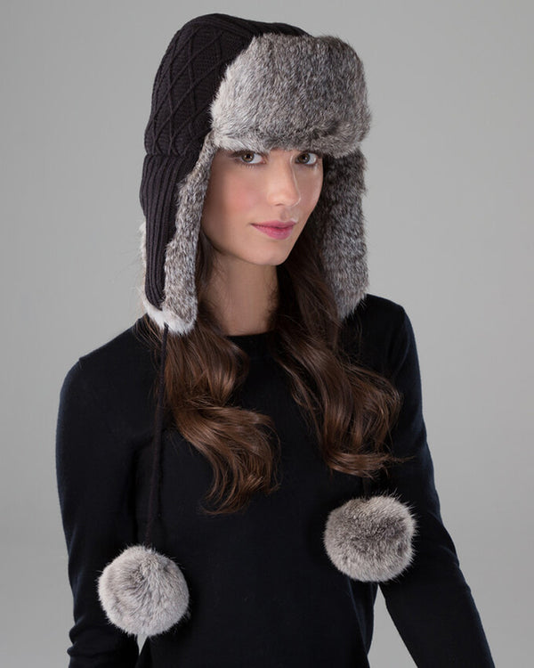 Surell Rabbit Fur Knit Trooper With Poms