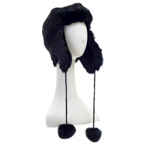 Surell Rabbit Fur Knit Trooper With Poms