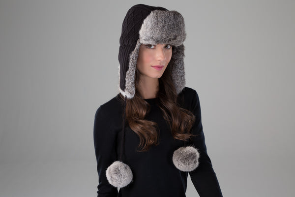surell Rabbit Fur Knit Trooper with Poms
