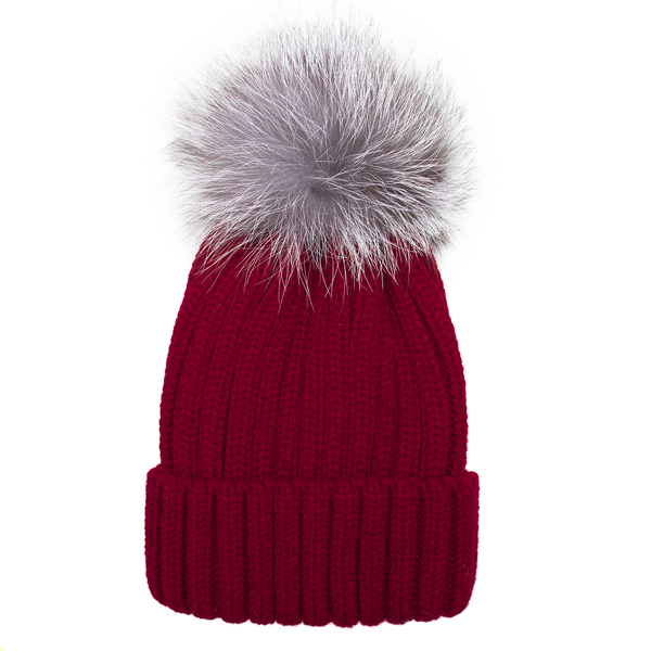 surell Red Knit Hat with Detachable Fox Fur Pom