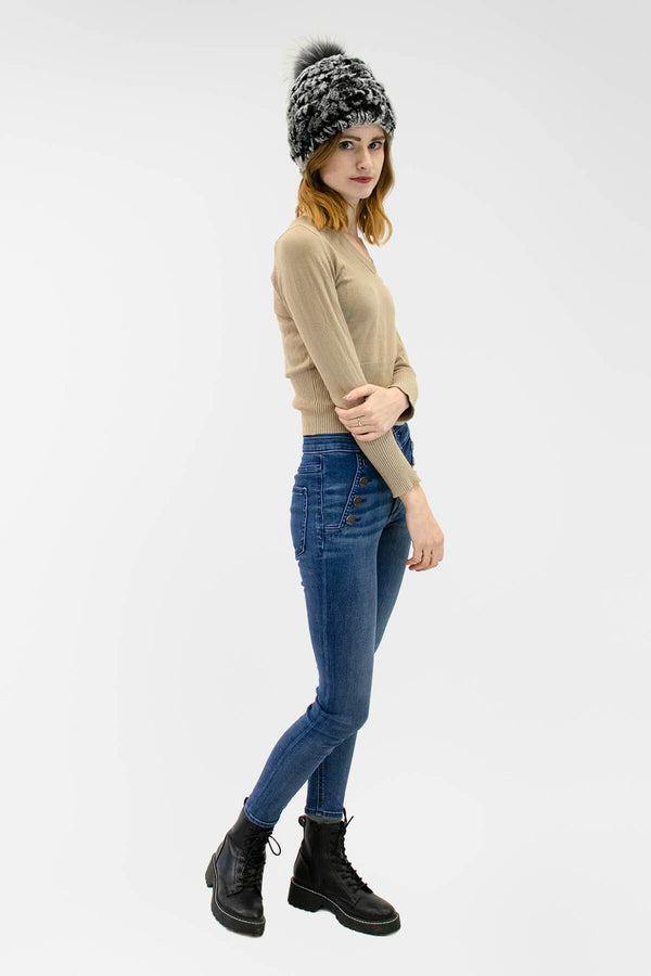 Surell Rex Rabbit Fur Knit Hat With Fox Pom