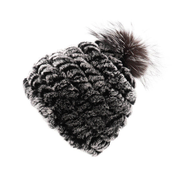 Surell Rex Rabbit Fur Knit Hat With Fox Pom