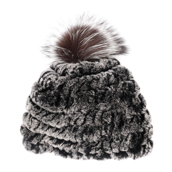 surell Rex Rabbit Fur Knit Hat with Fox Pom
